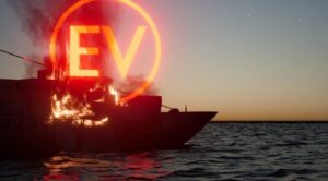 Boat on fire with the red words EV floating above it