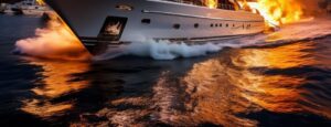 Yacht illuminated by other boat fires
