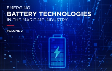 Part of the blue cover image of the ABS publication of Emerging Battery Technologies in the Maritime Industry Volume 2