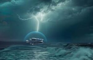 AI illustration of superyacht protected from lightning strike on stormy night