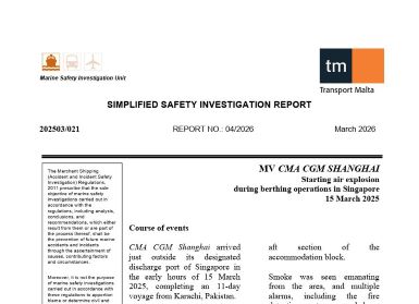 Transport Malta publishes report into explosion onboard container ship CMA CGM Shanghai