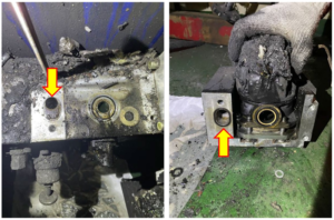 Left photo is of lower module of the oil fittings block showing overlap between the lower and upper module fuel ports. Right photo is the upper module of oil fittings block and fuel flow meter showing the pinched O-ring as indicated. 