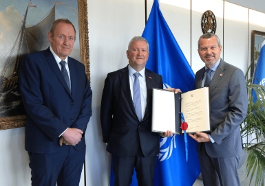 IMO Secretary-General Arsenio Dominguez receives MCA Director for Technical Maritime Services Fraser Heasley and MCA Fishing Vessel Safety Lead David Fenner, to confirm the UK’s accession to the Cape Town Agreement