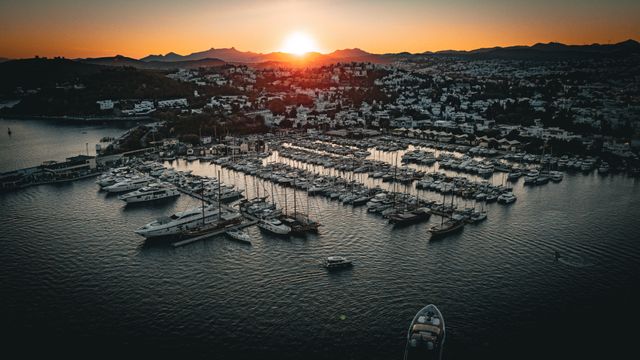 View of the setting sun over Bodrum Marina