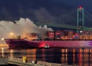 Containership fires are pushing salvors to the limit. The fire broke out while the ship was alongside at Port of Los Angeles. Photo credit ISU